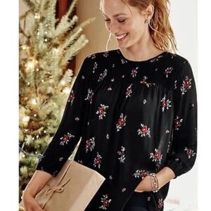 J.Jill Black & Rose Print Tunic Top w/ Smocking 3/4 Sleeves Size Large